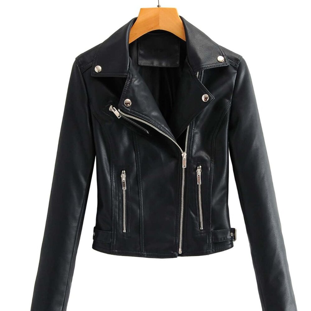 Black Casual Women's Zip Up Faux Leather Moto Jacket BIker - Picture 2 of 11